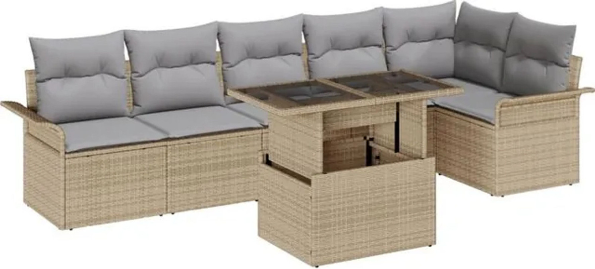 Vidaxl Garten-Sofa-Set aus Poly-Rattan mit Kissen und integriertem Stauraum in Beige, 7-teilig - Bild 1