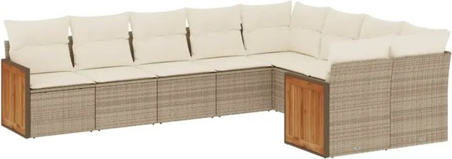 vidaXL 9-tlg. Garten-Sofagarnitur in L-Form aus Poly-Rattan und Akazienholz mit Kissen in Beige - Bild 1