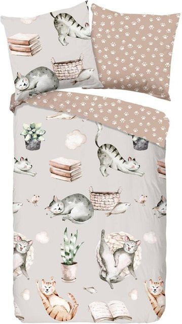 Good Morning Baumwoll Bettwäsche Catlife Grau mit Bettbezug und Kissenbezug B/L: 135 x 200 cm, Kissen: 80 x 80 cm - Bild 1