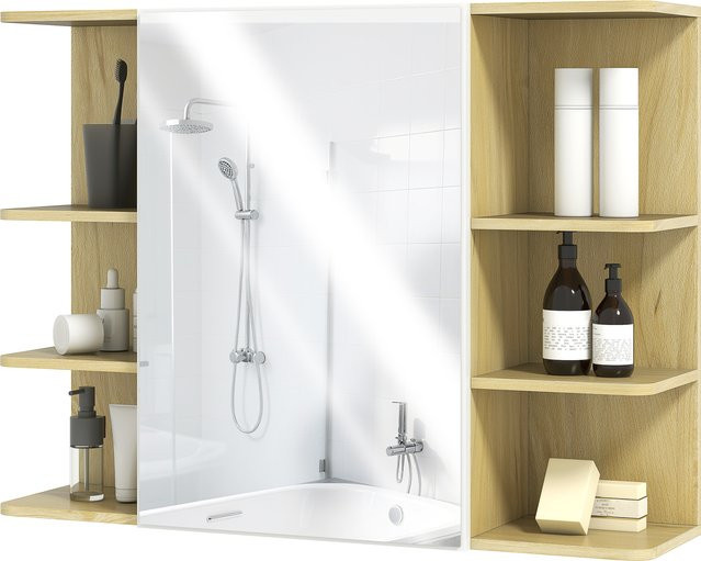 HOMCOM Spiegelschrank Badezimmer mit offenen Regalen in Naturholzoptik, B/H/T: 80 x 59 x 20 cm - Bild 1
