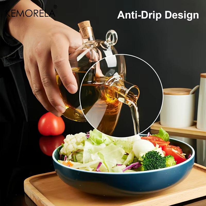 KEMORELA Spenderflasche aus Glas mit Korkstopfen, transparentes Ölglas mit ergonomischem Griff für Olivenöl und Essig, 350 ml - Bild 4