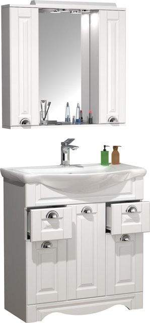 VCM Badmöbel Set Casalo XL in Landhaus-Optik, 3-teiliges Waschplatz-Komplettset mit Keramik-Waschbecken, Unterschrank und Spiegelschrank, Farbe: Weiß, Breite: 75 cm - Bild 1