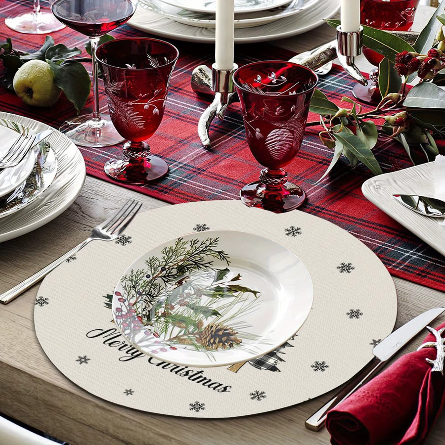 VIKAMA 4-teiliges Set runde Weihnachts-Tischsets aus Leinen mit Weihnachtsmuster für deine Tischdekoration - Bild 2