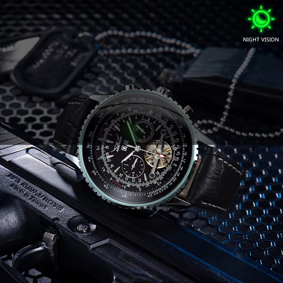 JARAGAR Automatik-Armbanduhr, Edelstahl, Leder, Schwarz, Herren - Bild 2