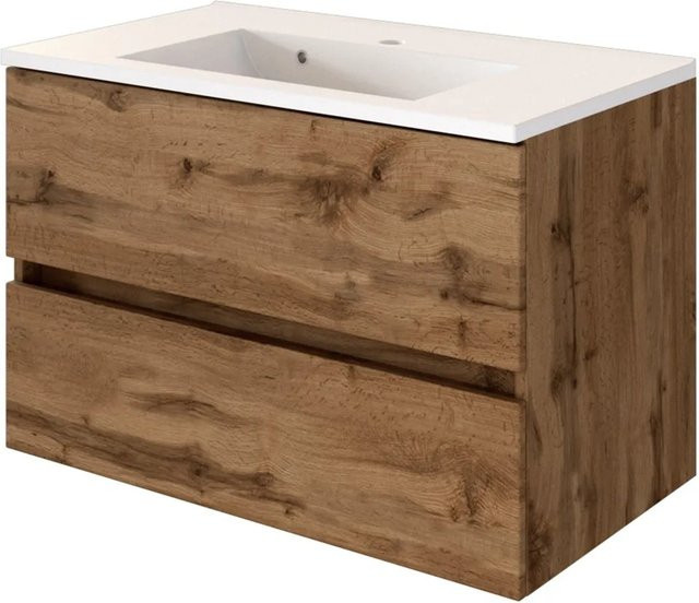Held Möbel Einzelwaschtisch Verona 80 cm Eiche Natur Matt mit Softclose und Mineralguss-Waschbecken - Bild 1