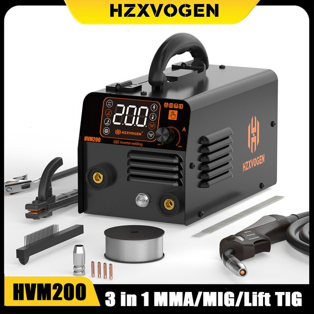 HZXVOGEN 3-in-1 Gasfreies MIG-Schweißgerät MIG200 in Schwarz mit MMA und Lift TIG Funktionen, Halbautomatische Schweißmaschine für Fülldraht, 220V - Bild 1