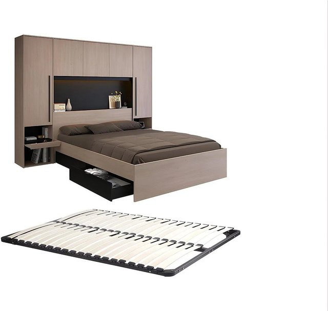 Velona Bettrahmen mit Schubladen und Unterbettbeleuchtung in Schwarz und Naturfarben, B/T/H: 160 x 200 cm - Bild 1