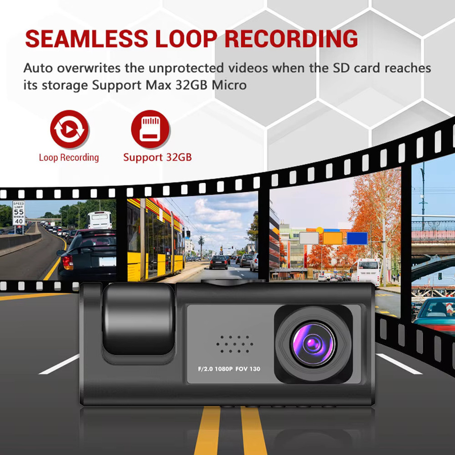 Baideluo 3-Kamera Dashcam mit 1080P Full HD, IR-Nachtsicht, Loop-Aufzeichnung und 2 Zoll IPS-Bildschirm in Schwarz - Bild 3