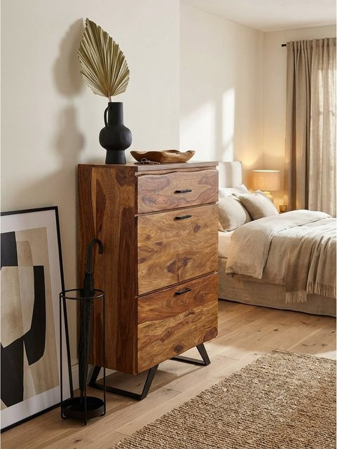 KADIMA DESIGN Kommode aus Massivholz und Metall in Braun mit 3 Schubladen und Baumkante, B/T/H: 80 x 41,5 x 120 cm - Bild 1