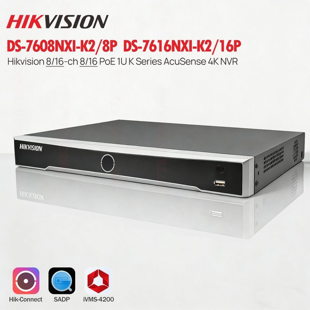 Hikvision DS-7608NXI-K2/8P oder DS-7616NXI-K2/16P AcuSense 4K NVR Netzwerk-Videorekorder mit 8 oder 16 PoE-Kanälen, 2 SATA-Schnittstellen und AI Deep Learning in Schwarz - Bild 1