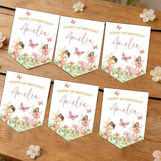 Personalisierte Feen-Partybanner mit Blumen-Motiv für Kindergeburtstage im Märchenwunderland, mehrfarbiges Wimpel-Set aus Papier - Bild 1