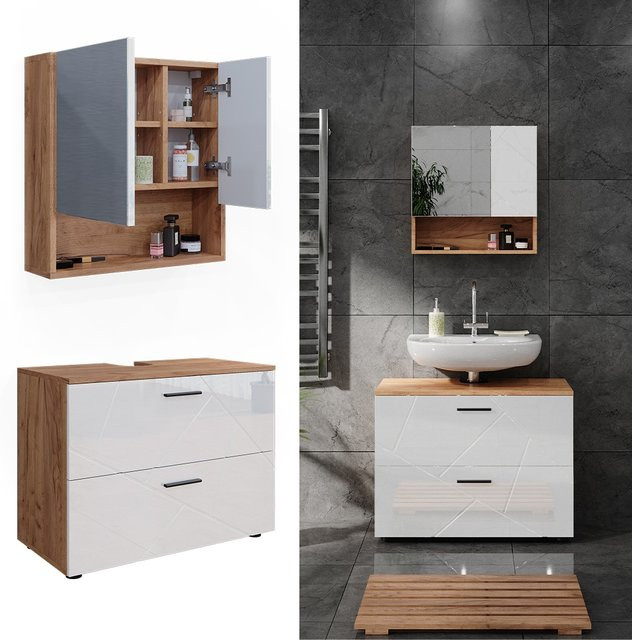 Vicco Badmöbelset Irma in Eiche und Weiß Hochglanz, modernes 2-teiliges Badezimmer-Set - Bild 1