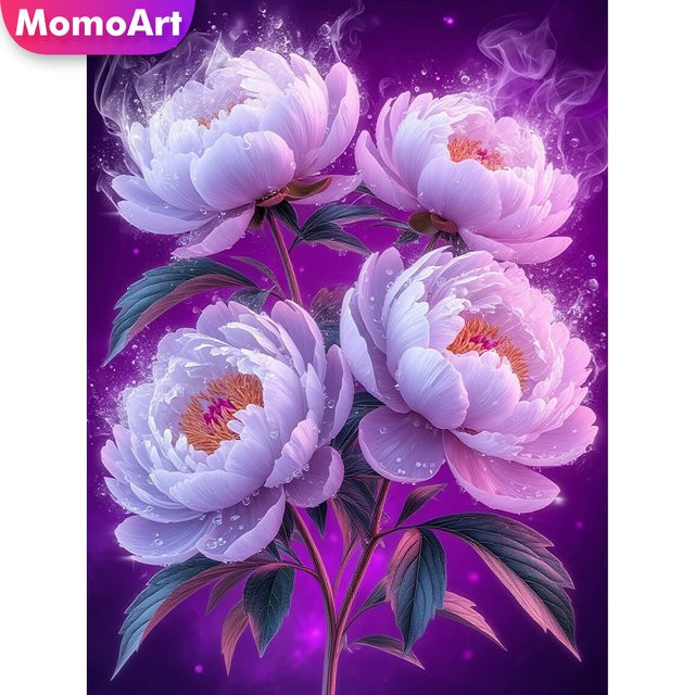 Momoart Diamant-Gemälde Pfingstrose als DIY-Kreuzstich-Set mit floralem Mosaik-Design, rund, Durchmesser: 30 cm - Bild 1