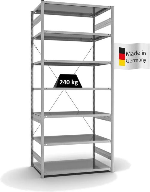 PROREGAL Fachbodenregal Stecksystem T-Profil Medium-Duty, verzinkt, Farbe: Silber, H x B x T: 300 x 130 x 80 cm, 7 Ebenen, Fachlast 240 kg, einseitig nutzbar - Bild 1