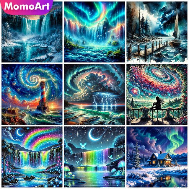 Momoart Regenbogen-Diamant-Stickerei Landschafts-Strass-Gemälde mit Wasserfall und Aurora, Vollquadrat-Mosaik in Multicolour, B/T/H: 20 x 20 x 20 cm - Bild 1
