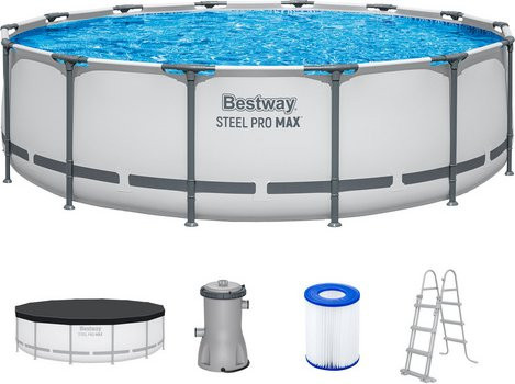 Bestway Framepool Steel Pro Max Rund, Durchmesser: 427 cm, Höhe: 107 cm, Grau, Komplett-Set mit Filterpumpe, Sicherheitsleiter, Abdeckplane und Reparaturflicken - Bild 1