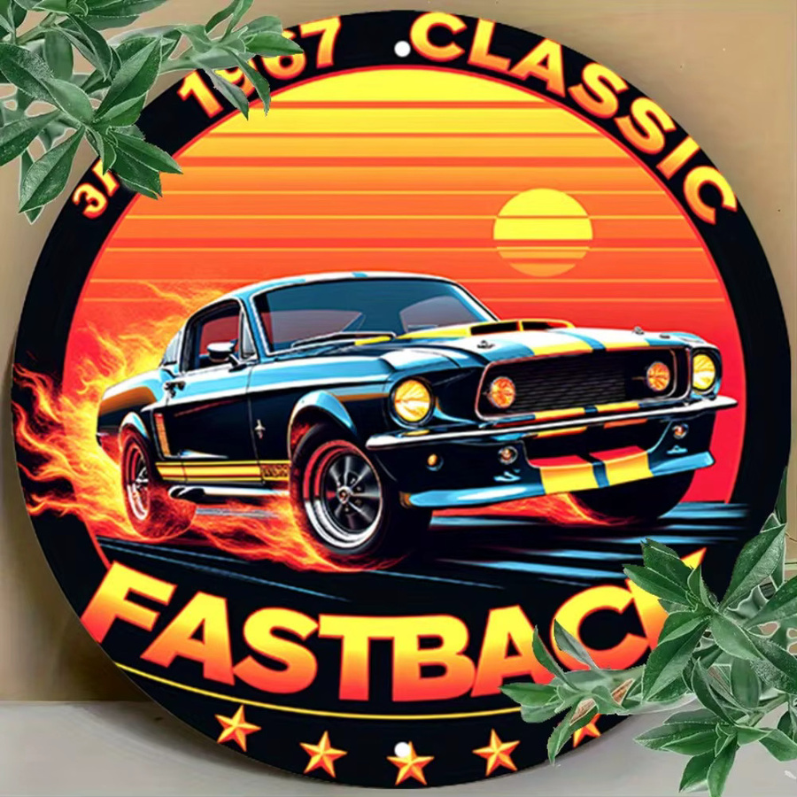 Rundes Vintage Aluminium-Metallblechschild Potdemiel mit 1967 Classic Fastback Design, Flammen und Sonnenuntergang, Durchmesser: 20 cm, Mehrfarbig - Bild 5