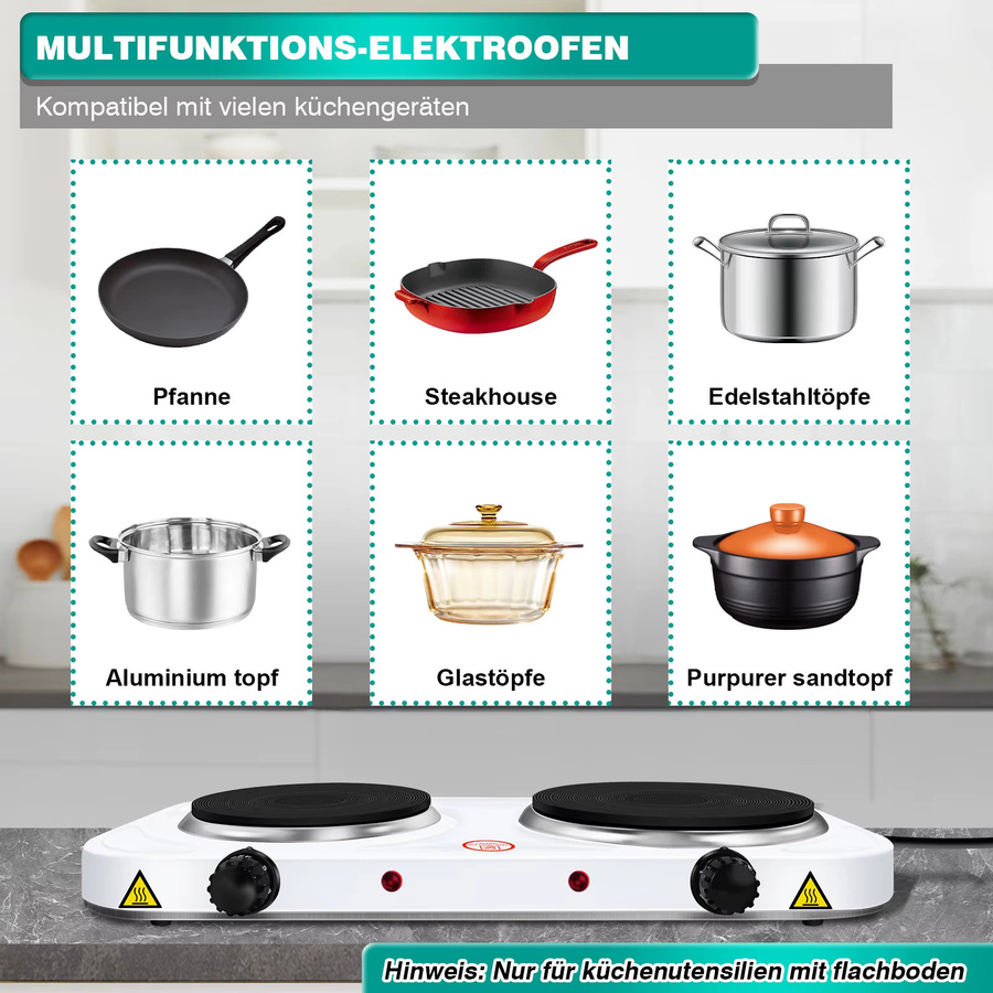 BRIEFNESS Elektrische Kochplatte mit Dual-Keramik-Kochfeld aus Edelstahl in Weiß, 2500 W und 1000 W - Bild 5