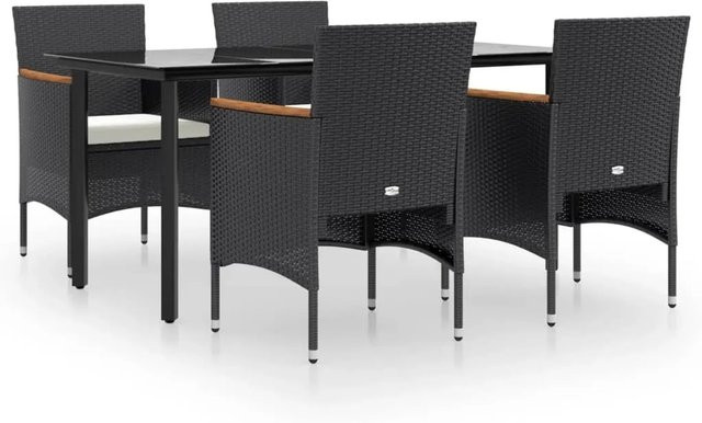 vidaXL 5-teilige Garten-Essgruppe aus PE-Rattan und Akazienholz in Schwarz mit cremeweißen Kissen und Glastisch - Bild 1