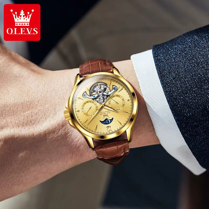 OLEVS Armbanduhr, Automatik, Edelstahl, Leder, Gold, Herren - Bild 2