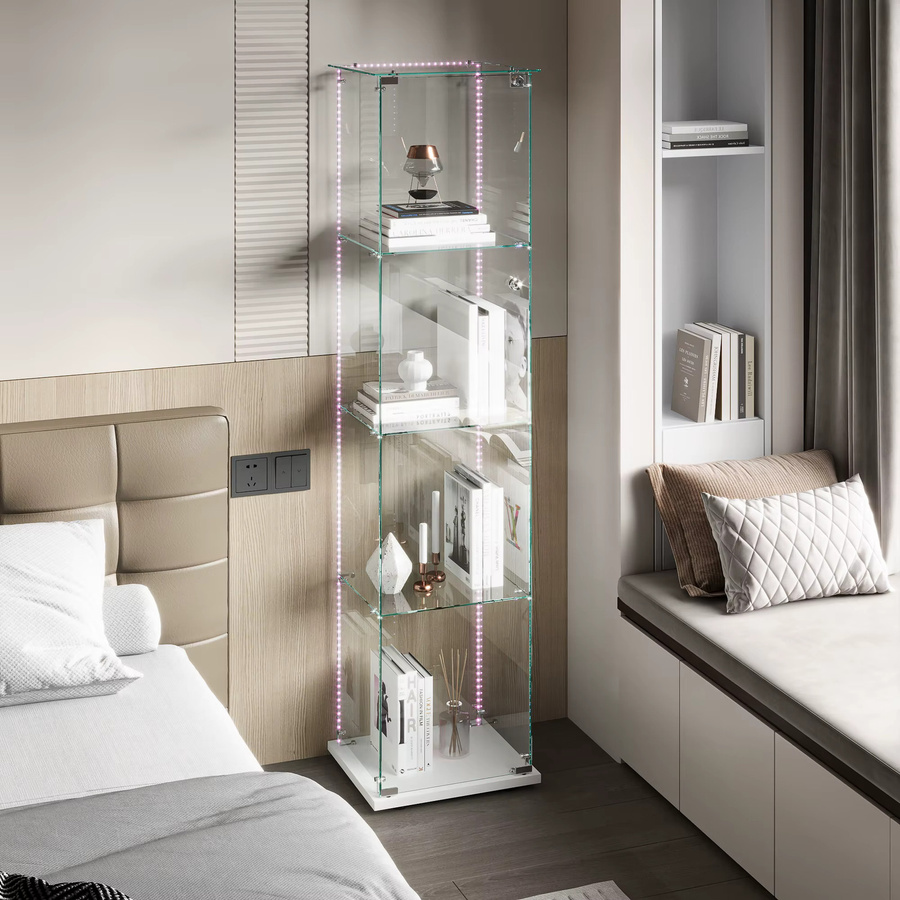 Comanlai Glas-Vitrine in Weiß mit LED-Beleuchtung, 4-stufiger moderner Sammlerschrank mit Glastüren und Schloss - Bild 2