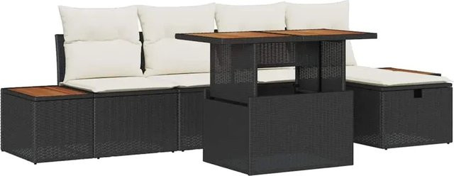 vidaXL Garten-Sofa-Set aus Polyrattan und Akazienholz, 6-teilig, Schwarz und Beige, L-Form mit Polsterung und Kissen für Terrasse und Garten - Bild 1