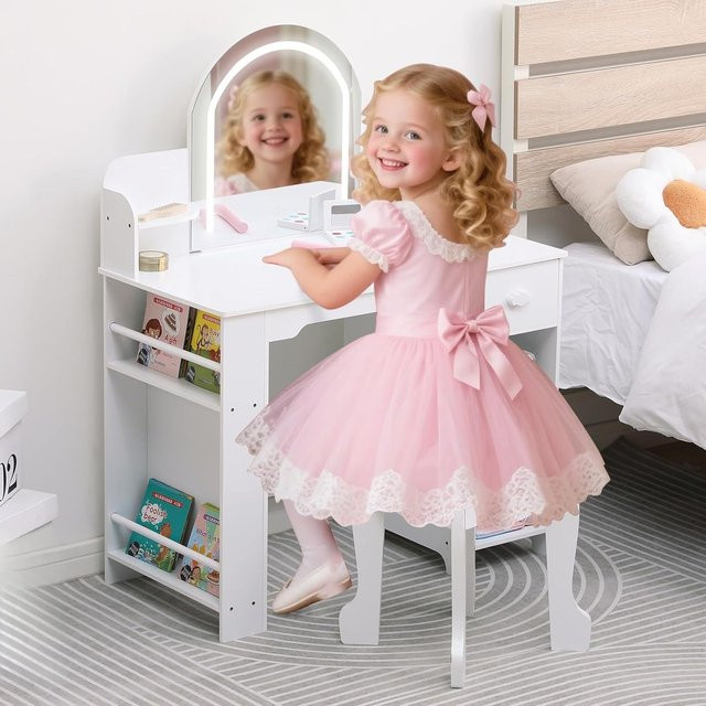 Garvee LED-Schminktisch für Kinder mit Hocker und Schubladen in Weiß - Bild 1