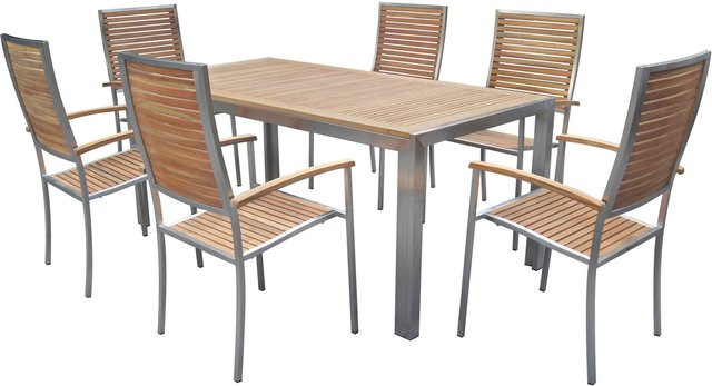 OUTFLEXX Garten-Essgruppe aus Teakholz und Edelstahl in Braun mit Esstisch und 6 Hochlehnern, Tisch B: 180 cm, T: 90 cm - Bild 1