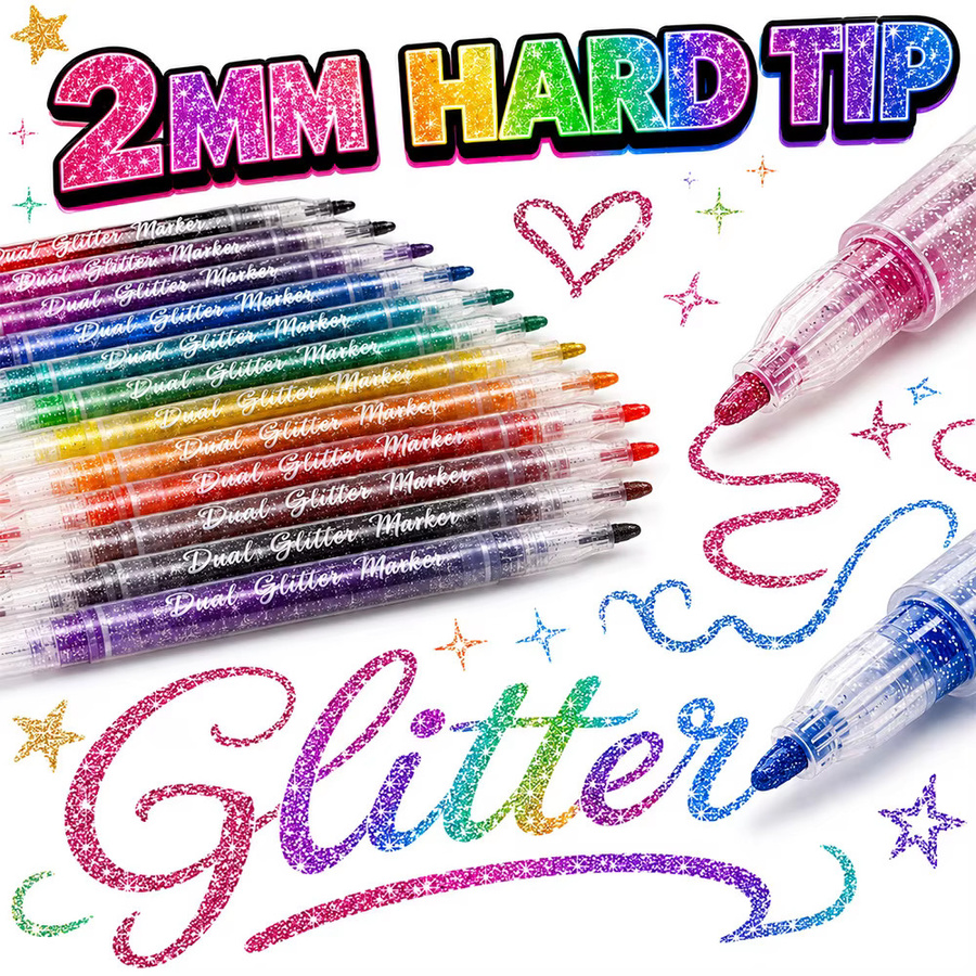 12 Stück Doppelspitzen-Glittermarker mit 24 Farben, wasserbasierte Schimmer-Stifte mit 2mm harter Spitze für Kunsthandwerk und Zeichnungen auf hellem und dunklem Papier - Bild 2