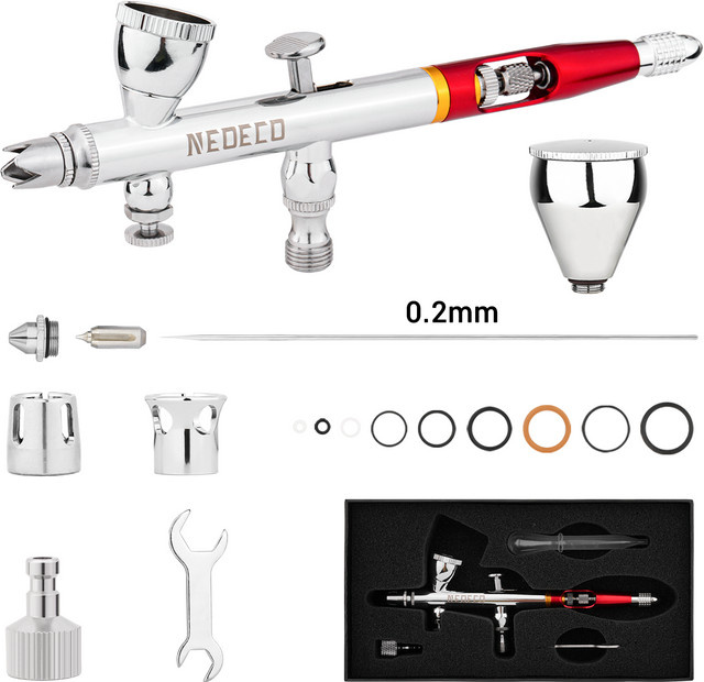 NEOECO Dual Action Airbrush mit Schwerkraftzufuhr in Silber, 0,2 mm Düse, inklusive 2 cc und 9 cc Flüssigkeitsbecher, Kronennadelkappe, O-Ring-Dichtungssatz und Drop-In-Düse - Bild 1
