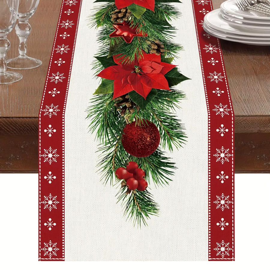 Elegante Weihnachtstischdecke aus Leinen mit Weihnachtsstern, Tannenzweigen und Schneeflocken-Aufdruck, rechteckig, B/T/H: 150 x 45 x 45 cm - Bild 6