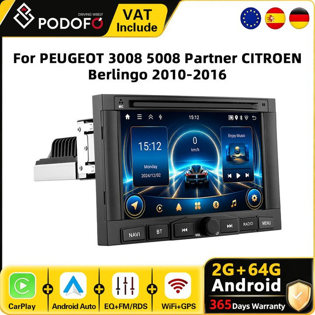 Podofo Android Car Player Autoradio mit 7 Zoll Display für PEUGEOT 3008 5008 Partner und CITROEN Berlingo 2010-2016 mit GPS, WiFi, Bluetooth, CarPlay und Android Auto in Schwarz - Bild 1