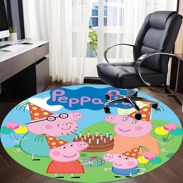 Yun Heng Four Peppa Pig Party Stuhlteppich, runder Teppich mit Kinder-Motiv, rutschfest und maschinenwaschbar, Polyester, Durchmesser: 100 cm - Bild 1