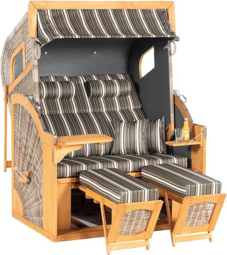 SUNNY SMART Strandkorb aus Polyrattan in Braun mit gestreifter Polsterung, höhenverstellbar, B: 135 cm, T: 90 cm, H: 160 cm - Bild 1