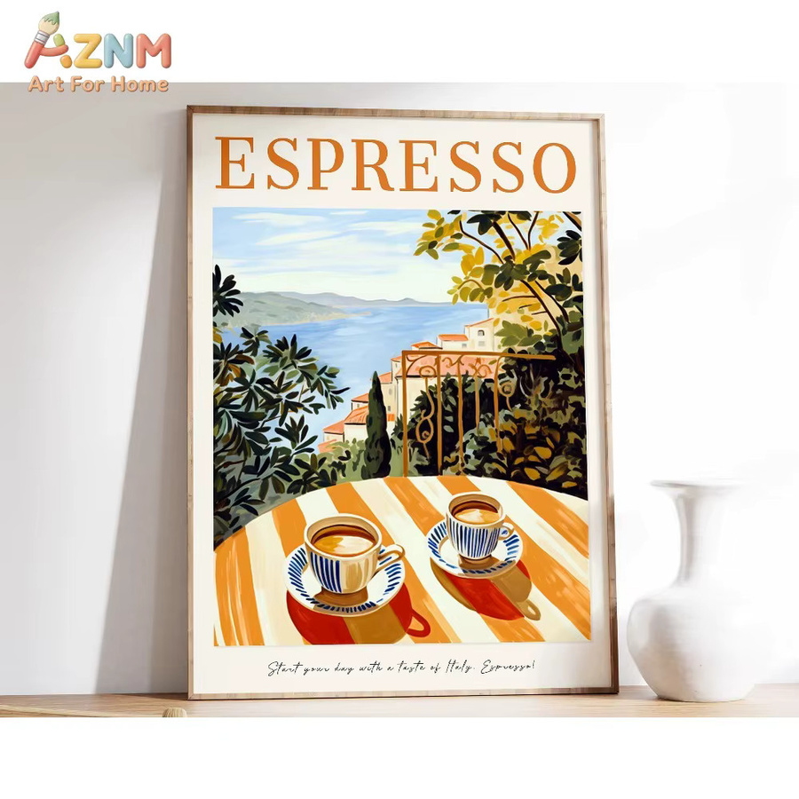 AZNM Retro Wandkunst Poster mit Espresso Kaffee Croissant und Pflanzen Illustration auf gestreifter Leinwand für deine Café oder Heimdekoration - Bild 3
