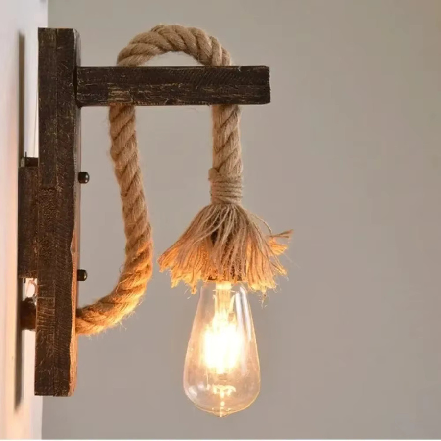 JOYINLED Retro Wandleuchte aus Naturholz mit Hanfseil und transparentem Glas in Braun - Bild 3