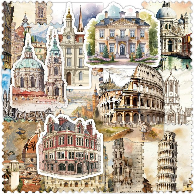 50 Stück Retro-Aufkleber Weltreise mit Architektur-Motiven in Multicolour für Laptop, Koffer und Wasserflaschen - Bild 1