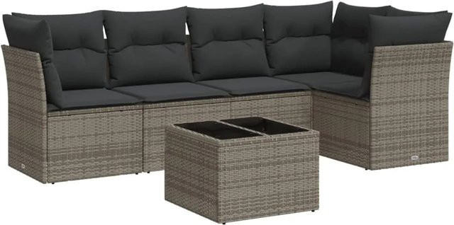 vidaXL 6-tlg Garten-Sofagarnitur aus Polyrattan in Grau mit Kissen und Stauraum Modell 37 - Bild 1