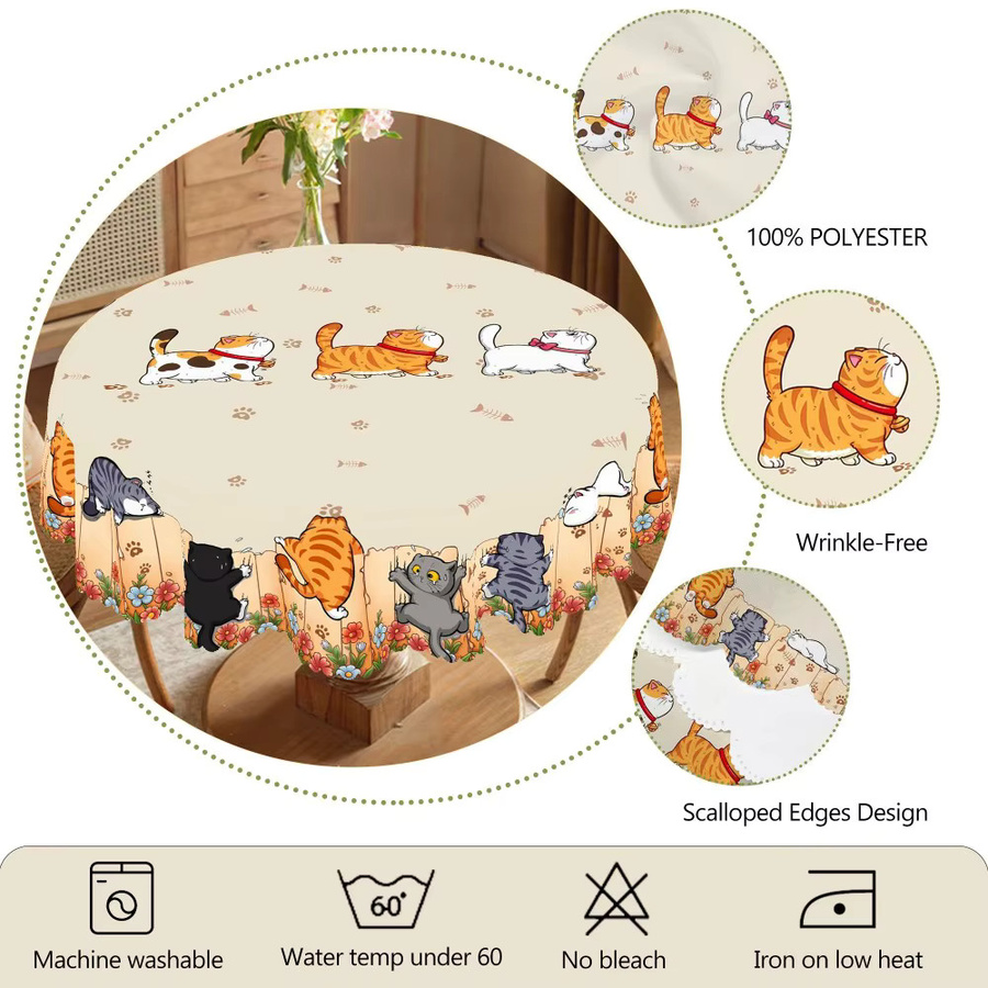 VIKAMA Tischdecke mit Katzen-Cartoon-Druck aus Polyester für deine Küchen- und Heimdekoration - Bild 3