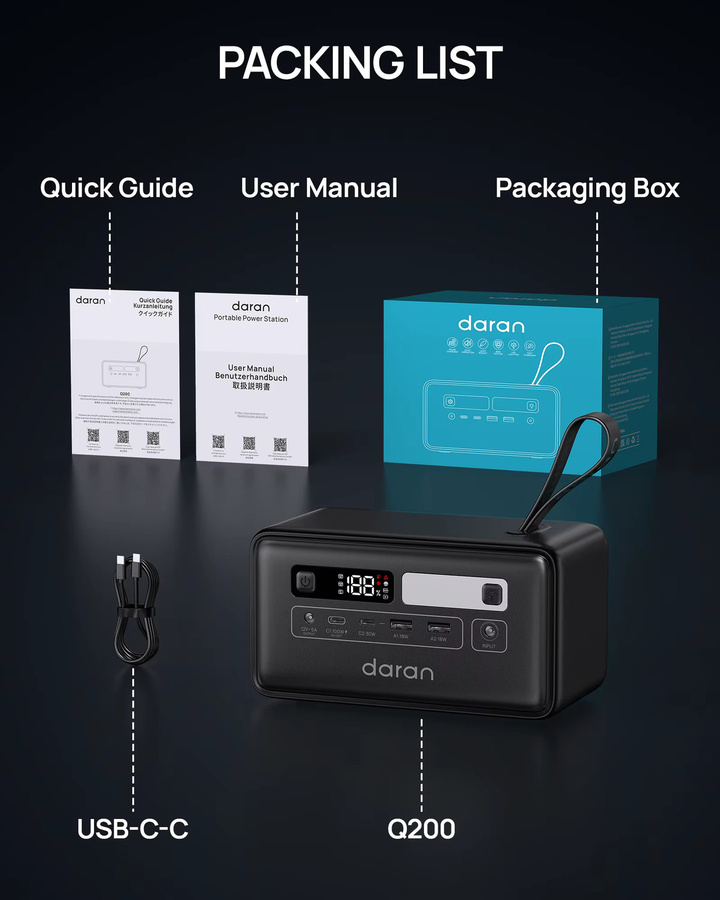 Tragbare Powerstation Daran Q200 in Schwarz mit 192Wh Kapazität, LiFePO4 Akku und 100W PD Schnellladung via USB-C für Camping und Reisen - Bild 5