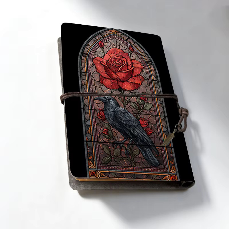 Buntglas-Rabe-Rose A6 Leder-Notizbuch im gotischen Hexenstil, schwarzes Hardcover Reisetagebuch für Okkult- und Literaturliebhaber - Bild 2