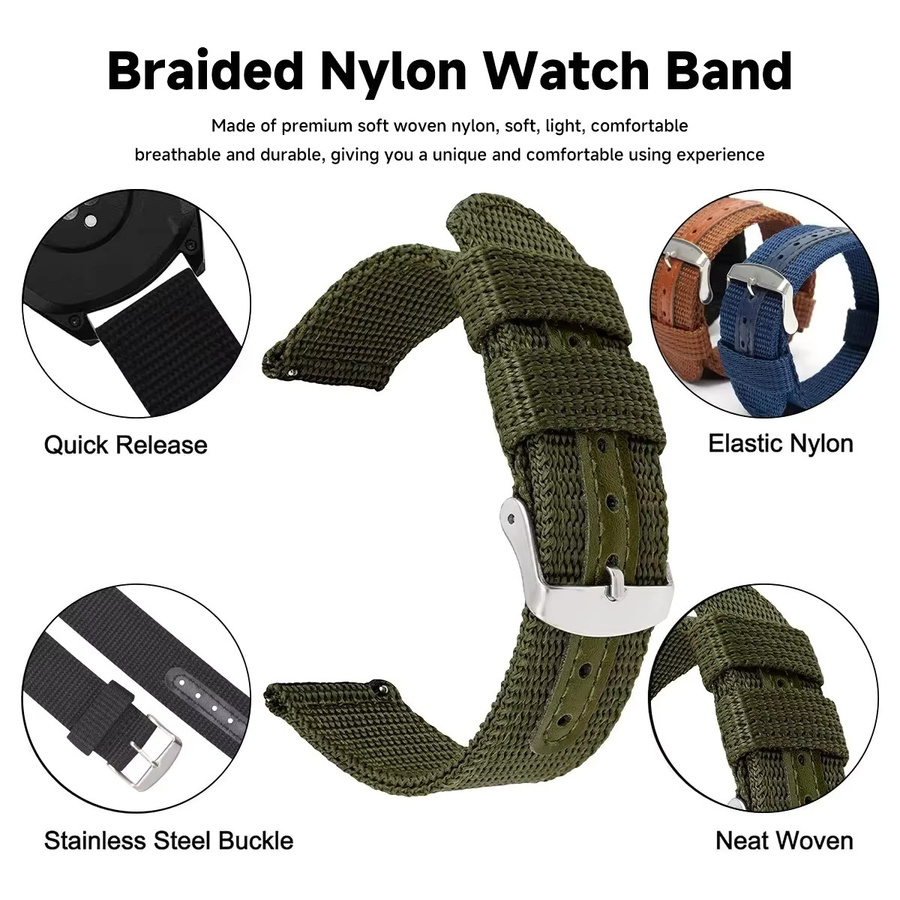 CAOWTAN Uhrenarmband Nylon-Canvas, Schwarz, Unisex, 18 mm, 20 mm, 22 mm, 24 mm - Bild 3