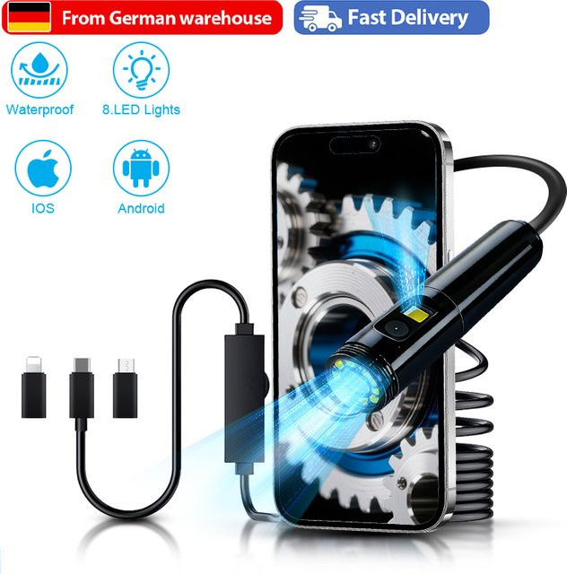 KERUI 2MP Mini-Inspektionskamera Endoskop für Autos und Rohrleitungen, Wasserdicht, Dual-Anschluss für USB-C und iPhone iOS, Schwarz - Bild 1
