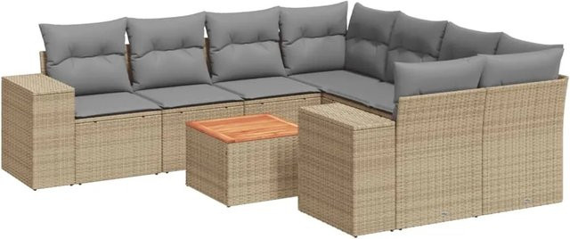 vidaXL 9-tlg. Garten-Sofagarnitur in L-Form aus Poly-Rattan mit Kissen in Beige-Grau - Bild 1