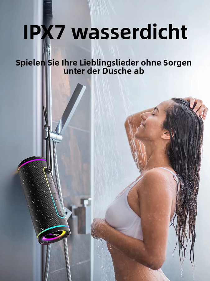 MLOVE E80 Tragbarer Bluetooth-Lautsprecher in Schwarz mit RGB-Beleuchtung, Dual-Sound und IPX7 Wasserdichtigkeit - Bild 3