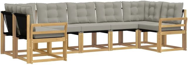 vidaXL Outdoor-Sofagarnitur 7-teilig in L-Form aus Akazienholz und Textilene mit Kissen, Weiß-Hellgrau - Bild 1