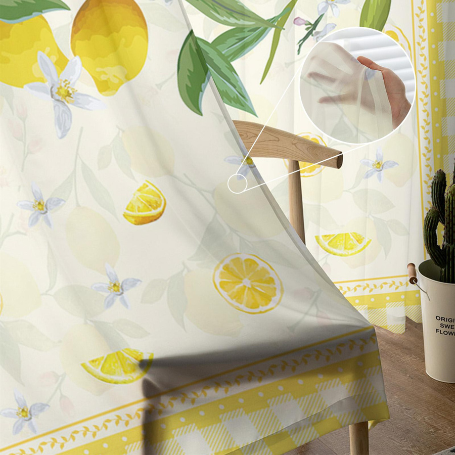 Transparente Vorhänge mit Zitronen-Fruchtmuster und Karomuster aus Tüll, Voile und Organza, Farbe: Transparent, Breite: 135 cm, Höhe: 115 cm - Bild 2
