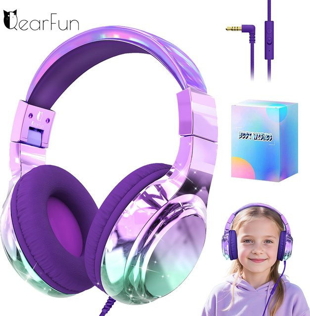 QearFun Kinder-Kopfhörer mit Mikrofon, kabelgebundenes Stereo-Sound-Headset in Purple, faltbar, mit Lautstärkeregler (85/94 dB) für Schule und Tablet - Bild 1