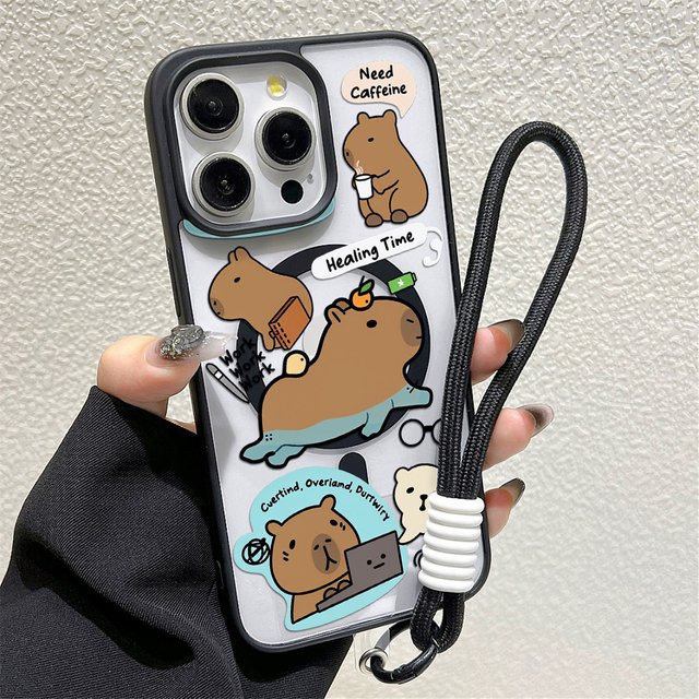 Transparente Capybara Handyhülle mit Trageband und Magnetfunktion für iPhone 11 bis iPhone 17 Pro Max - Bild 1