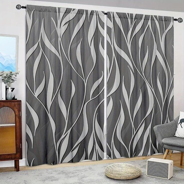 2er-Set bedruckte Vorhänge in Dunkelgrau mit modernem Grafikdesign, halbtransparent, B: 52,5 cm, H: 116 cm - Bild 1
